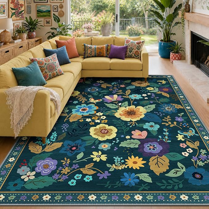 RELEANY Floral Washable 8x10 Area Rugs Teal/Purple | Flower Carpet, Print, Boho, Non-Slip, Easy to Clean, Soft, Low Pile for Living Room Bedroom Kitchen Office Entryway Hallway