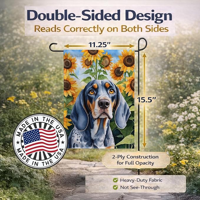 Caroline's Treasures DAC6030GF Bluetick Coonhound in Sunflowers Garden Flag Mailbox Flag Decorative Yard Flag Banner Outside Patio Artwork Yard Flower Beds, Garden Size, Multicolor