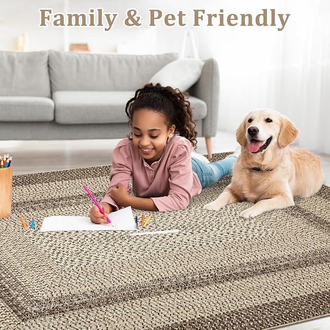 RUGSREAL 2x6 Runner Rug Braided Print Hallway Area Rugs Machine Washable | Throw Floor Cover Non Slip Modern Runner Carpet for Kitchen Farmhouse Rustic Carpet for Living Room Bedroom, Camel