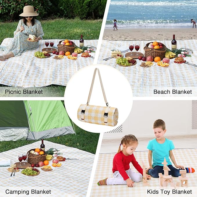 WILLOW WEAVE Picnic Blanket, 80''x80'' Waterproof Outdoor Blankets, Picnic Mat Washable for Beach, Picnic Blankets for Camping on Grass with Shoulder Strap - Yellow & White