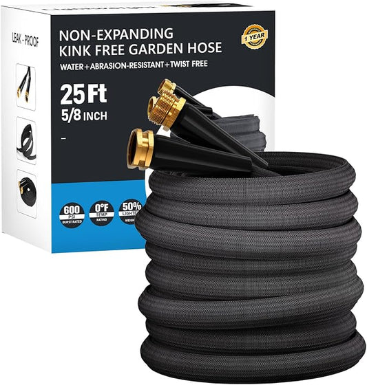 25 FT Garden Hose, Non-Expanding Water Hose, Ultra Flexible, Burst-Resistant, Kink-Free, High-Pressure Garden Hose for Easy All-Weather Use on Lawns, Gardens, and Outdoor Cleaning