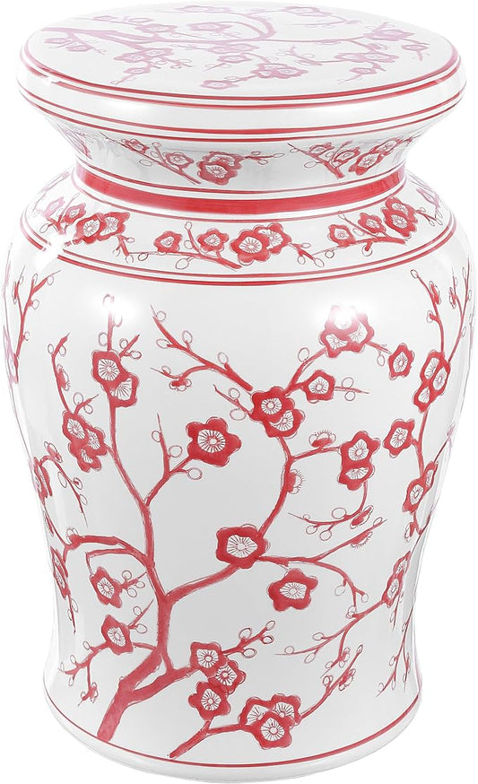 JONATHAN Y Cherry Blossom 18" Ceramic Chinoiserie Garden Stool, Traditional Floral Accent Side Table and Plant Stand for Indoor/Outdoor Garden, Patio, Living Room, Red/White TBL1016B