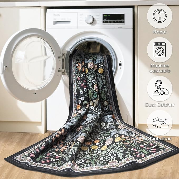 PLHXFR 2x3 Small Entryway Rug: Floral Washable Indoor Carpet Dark Black | For Entrance, Bedroom, Kitchen, Laundry, Bathroom,Door Mat,Vintage Floral,Machine washable,Non-Slip,Stain Resistant,Indoor