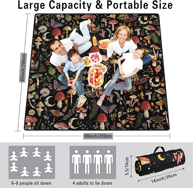 Supfitness Extra Large Picnic Blankets Waterproof Foldable (80"x 80") Mushroom Beach Blanket Waterproof Sandproof,3-Layer Thicking Mat Outdoor Packable Camping Blanket