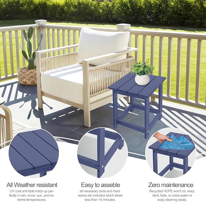 LZRS Patio Side Table, Heavy Duty HDPE Outdoor End Table with Wood Texture, Weatherproof Composite Table for Adirondack Chairs, Deck, Pool, Indoor/Outdoor, No Peeling or Cracking(Navy Blue)