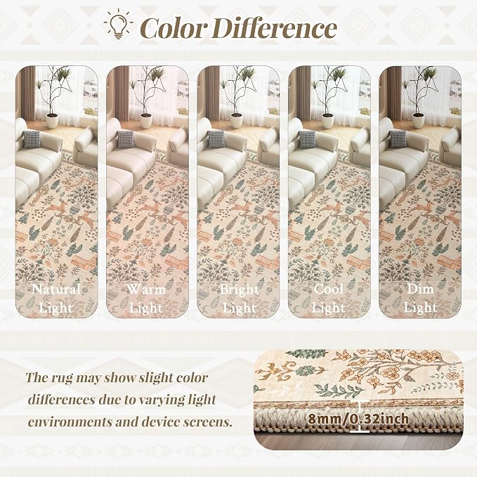 Living Room Rugs 8x10: Washable Boho Rug Farmhouse Non Slip Stain Resistant Large Rug Low Pile Soft Carpet for Bedroom Dining Room Children Room (Cream Animal,8'x10')