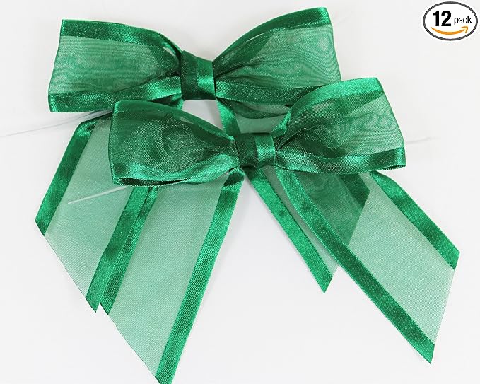 Hunter Green Pre-Tied Organza Bows with Twist Ties - Pack of 12 Satin-Edged Fabric Made of 1-1/2" Ribbon - Measures 4" Wide (12, Hunter Green)