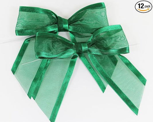 Hunter Green Pre-Tied Organza Bows with Twist Ties - Pack of 12 Satin-Edged Fabric Made of 1-1/2" Ribbon - Measures 4" Wide (12, Hunter Green)