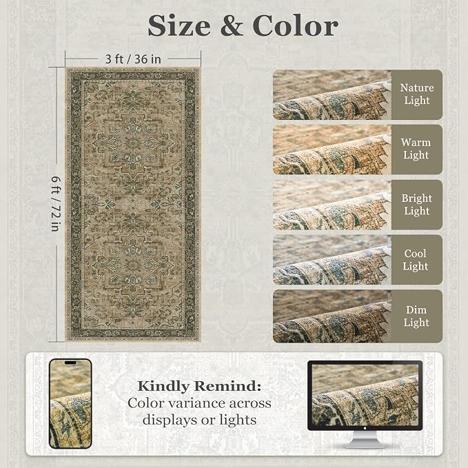 Vintage 3x6 Runner Rug Non Slip, Washable Thin Kitchen Runner, Distressed Medallion Carpet Runners for Hallway 6ft Indoor Entryway/Bedroom/Foyer/Laundry Room/Bathroom, Multi Brown/Olive
