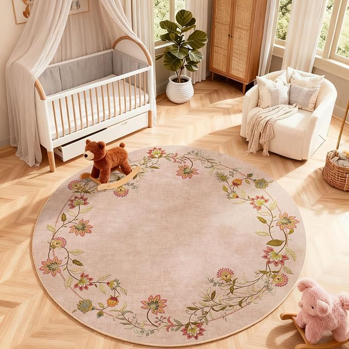 Washable Bedroom Round Rug 4ft: Living Room Circle Rug Stain Resistant Non Slip Low Pile Soft Faux Wool Small Area Rugs for Bedroom Kitchen Entryway Bathroom Kids Room Entrance Nursery Dorm Office
