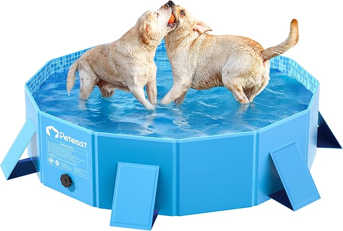 Peteast Dog Pool for Large Dogs, Foldable Hard Plastic, 48 in | Collapsible Kiddie Pool with Stable Side Support for Pets and Kids