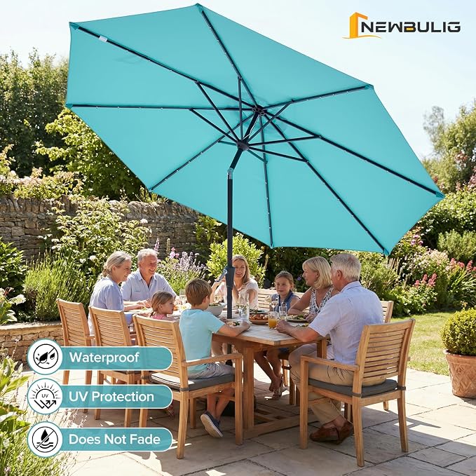 NEWBULIG 10ft Solar Patio Umbrella with 32 LED Lights, Table Market Umbrella with Tilt Adjustment & Crank Lift, Outdoor Sun Umbrella for Garden, Deck, Backyard, Pool and Beach