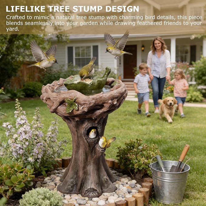 29.53" Tall Water Fountain Outdoor with Birds, Bird Bath Fountain with Removable Feeding Bowl Tree Trunk Design Resin Freestanding Water Fountains for Outside, Garden, Patio, Lawn, Yard
