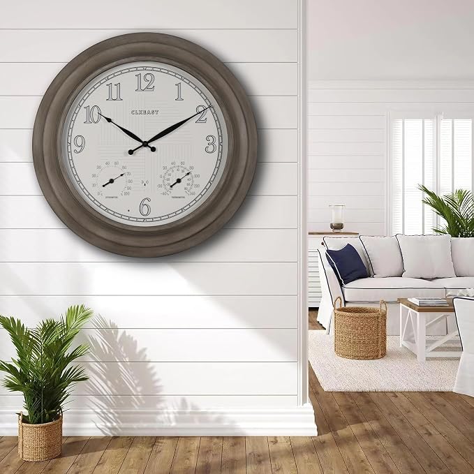 CLXEAST 24 Inch Self-Illuminated in/Outdoor Atomic Wall Clock with Temperature and Humidity, Oversized Large 24 Inch Wall Clocks for Living Room Decor, Brushed Grey Oak Finish