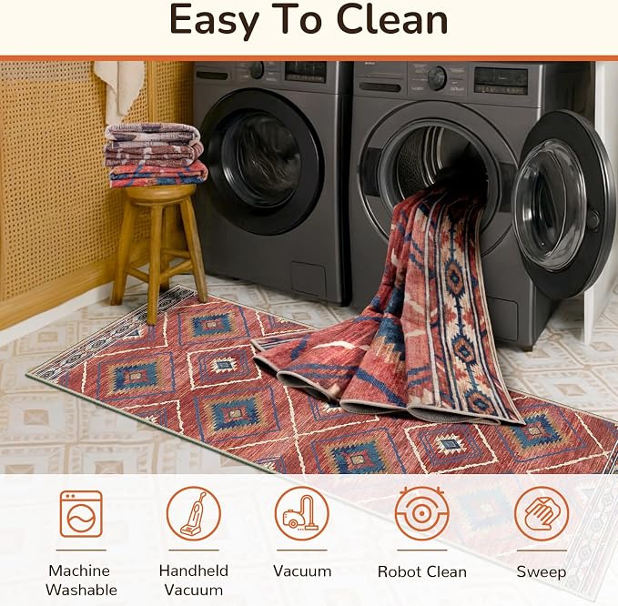 Area Rug 8x10 Machine Washable Non-Slip Low Pile Tribal Western Rug for Living Room Bedroom Entryway - Red/Orange | Soft Western No Slip Low Pile Print Foldable Indoor for Kitchen Dining Room