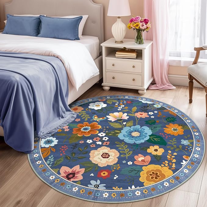 RELEANY Floral Washable Round 8ft Area Rug Blue/Grey | Flower Carpet, Print, Boho, Non-Slip, Easy to Clean, Soft, Low Pile for Living Room Bedroom Kitchen Office Entryway Hallway