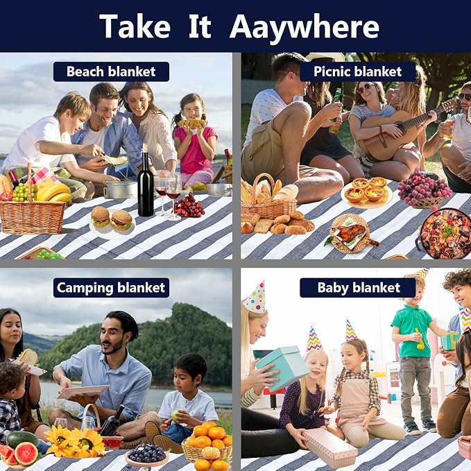 79”x79” Picnic Blanket Extra Large, Waterproof and Foldable Beach Blanket, 3-Layer Outdoor Blanket for 6 to 8 Adults, for Camping, Park, Beach, Grass, Indoors