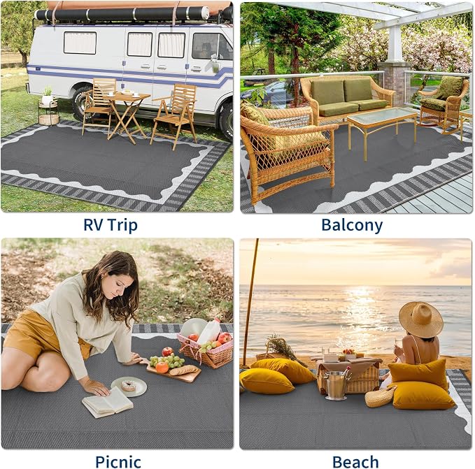 Garvee Large Scalloped Outdoor Rug 8x10 Patio Rugs Outdoor Waterproof, Reversible Plastic Straw Camping Rug, Modern Bordered Outside Mats for Picnic Backyard Deck Balcony Beach Trailer, Grey