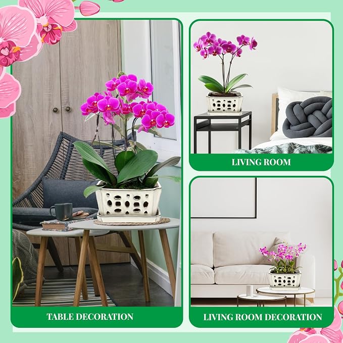 Teenyyou 1 Set Orchid Pot with Holes 9.5 Inch Ceramic Orchid Pot with Saucers for Repotting Amaryllis Flower Planter Include Gardening Shovel Set and Gloves for Home Decor(White)