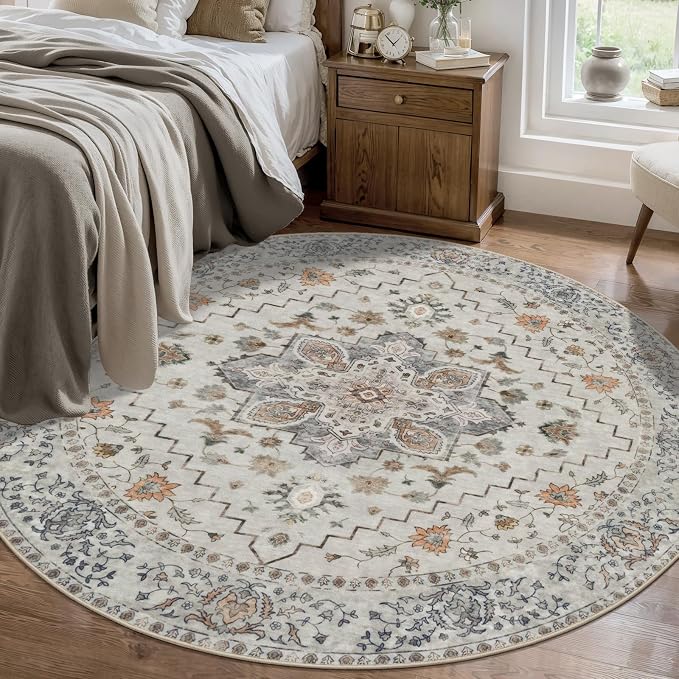 Tangsoo Vintage Round Rug 4ft Washable Circle Rug, Non Slip Small Boho Round Rug, Low Pile Circular Rugs, Round Carpet for Bedroom,Entryway,Nursery,Dorm,Kitchen,Grey
