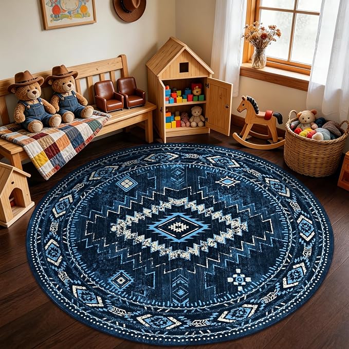 Yinhua 6ft Round Rug Washable, Western Circle Area Rug Non Slip | Navy Blue Aztec Rugs Low Pile, Soft Stain Resistant Carpet for Dining Room Table Nursery