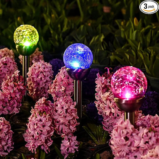 Solar Pathway Lights 3 Pack, Color Changing Globe Lights for Garden Decor | Cracked Glass Ball Outdoor Lights Solar Powered, Colored Solar Lights Outdoor Decorative Waterproof