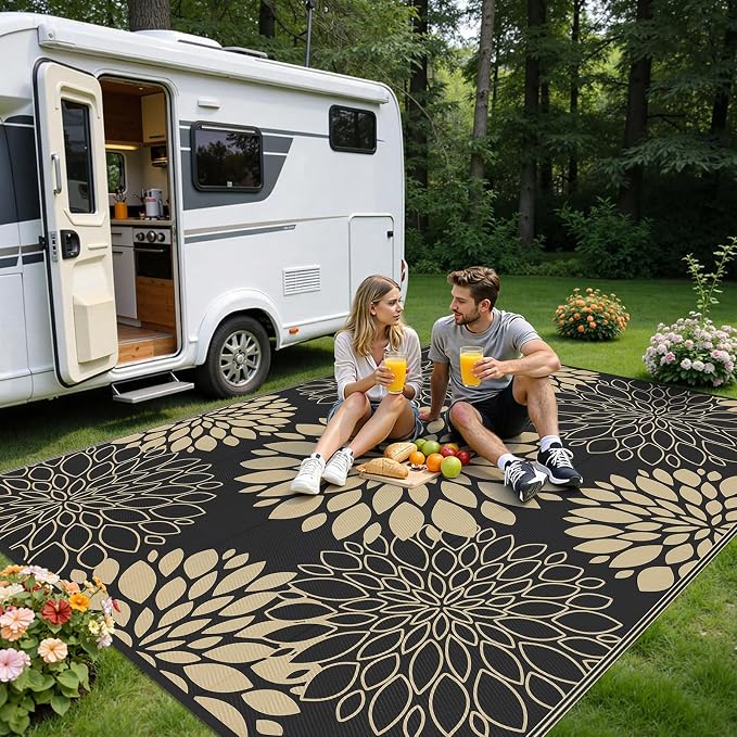 Ileading Waterproof Outdoor Rug 8x10, Reversible Plastic Straw Patio Rug, Portable Indoor Outdoor RV Camping Mat Carpet for Deck, Porch, Balcony, Backyard, Picnic, Floral Black