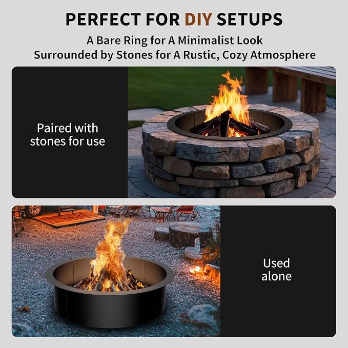 Fire Pit Ring Insert for Garden Patio Backyard | 36 Inch Smokeless Fire Pit Ring for Outside Fire Pit, Carbon Steel Firepit Rim Insert for DIY Fire Pits, Anti-Rust Coating