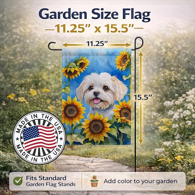 Caroline's Treasures DAC6117GF Maltese in Sunflowers Garden Flag Mailbox Flag Decorative Yard Flag Banner Outside Patio Artwork Yard Flower Beds, Garden Size, Multicolor