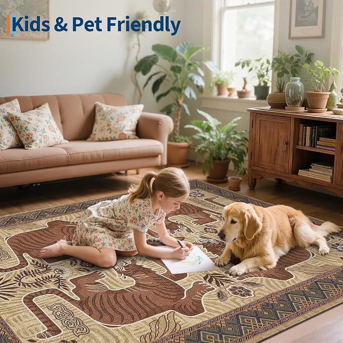 GarveeHome Large Tiger 9x12 Area Rugs Boho Washable Vintage Living Room Rug | Non Slip Brown Rugs for Bedroom, Tribal Soft Animal Print Throw Rug Ultra Thin Stain Resistant Floor Carpet for Office