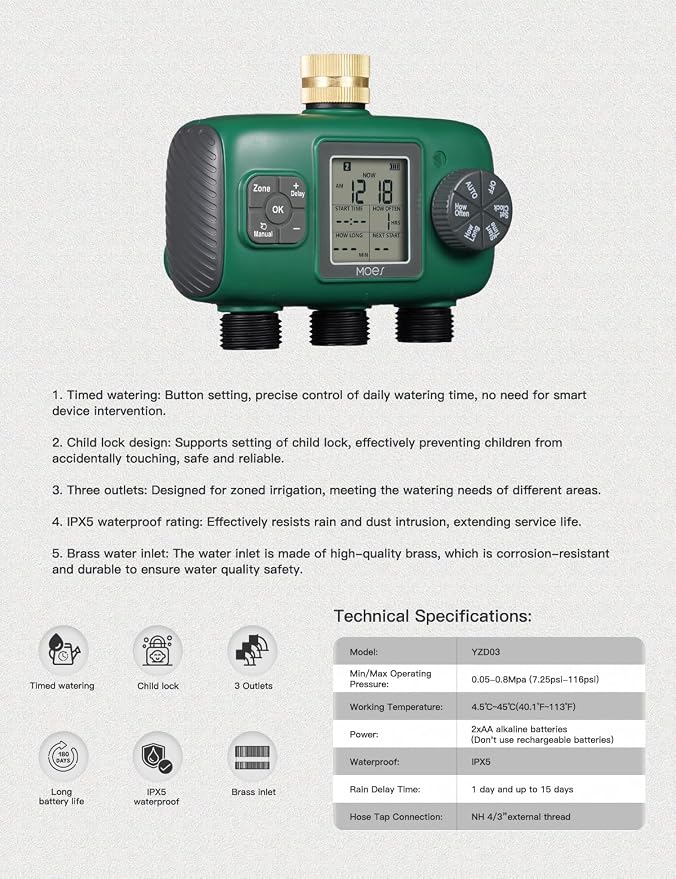 MOES 3 Outlet Sprinkler Timer, Brass Inlet, Programmable Automatic Irrigation Controller, Rain Delay, Manual Watering, 3 Zone Water Hose Timer for Gardens, Lawns