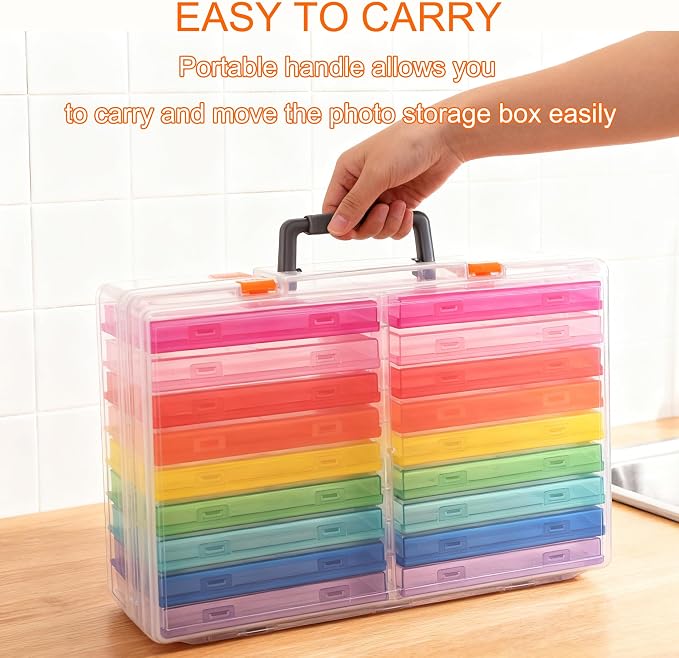 Photo Storage Box 5 x 7 Inches, 18 Inner Extra Large Photo Boxes with Dividers, Colorful Acid-Free Photo Storage Containers with Handle, Photo Organizer Craft Keeper for Photo, Craft, Stamp etc