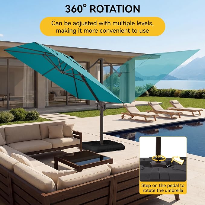 10x10FT Cantilever Outdoor Umbrella, 360° Rotating Large Offset Square Patio Umbrella, Ideal for Garden Backyard Deck Courtyard, Turquoise