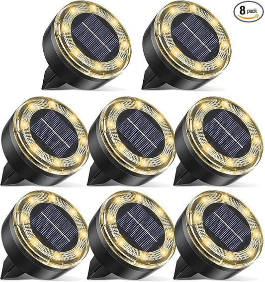 vighep Mini Outdoor Solar Lights，8 Pack Solar Garden Light for Outside IP65 Waterproof, 8 LED Disc Landscape Lighting for Garden Yard Driveway Walkway Poolside Deck Lawn Patio，Warm White