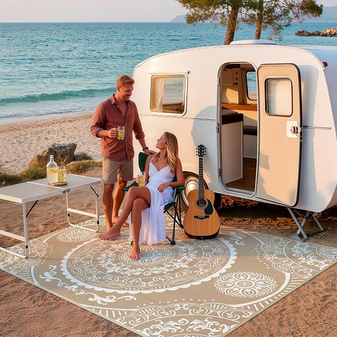 Pauwer Waterproof Outdoor Rug 9x12, Reversible Plastic Straw Patio Camping Rug, Indoor Outdoor RV Mat Carpet for Deck, Camper, Porch, Balcony, Backyard, Picnic, Paisley Brown