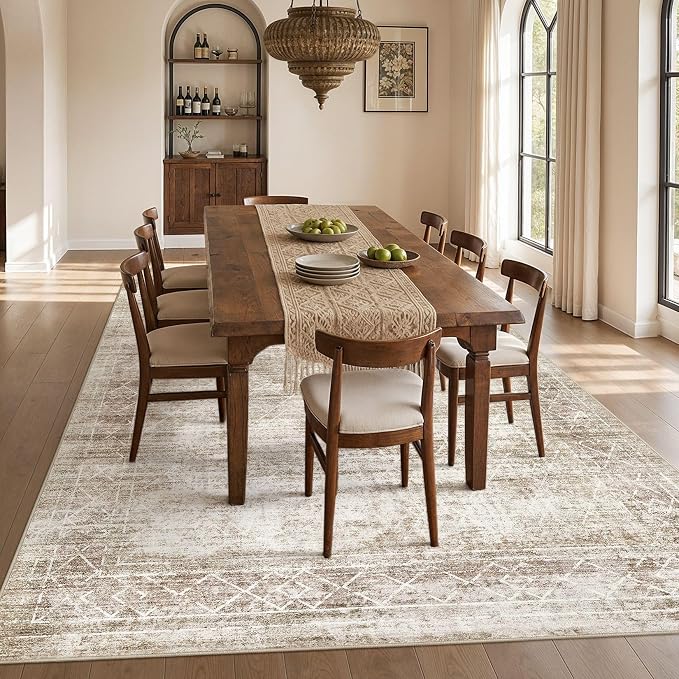 cotiled Boho 10x12 Area Rug for Living Room: Large Moroccan Washable Rug | Solve Modern Neutral Trendy Home Decor - Stain Resistan Carpet for Bedroom Farmhouse Beige Brown
