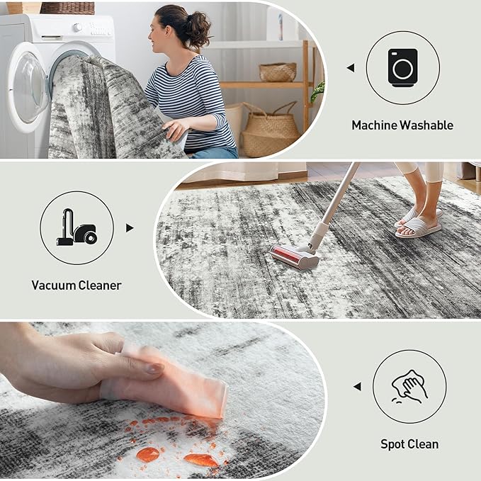 9x12 Area Rugs for Living Room: Washable Abstract Black Grey Badroom Carpet | Non-slip TPE backing makes this washable soft low-pile rug safe & durable, Pet-friendly decor for dining room,nursery,office