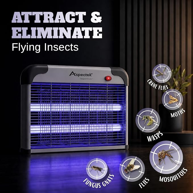 ASPECTEK Electric Bug Zapper, 20W UV Bulbs, Fly, Mosquito, Gnat and Moth Control, Indoor and Covered Outdoor Use for Home, Garage, Patio and Farm, Includes 2 Replacement Bulbs
