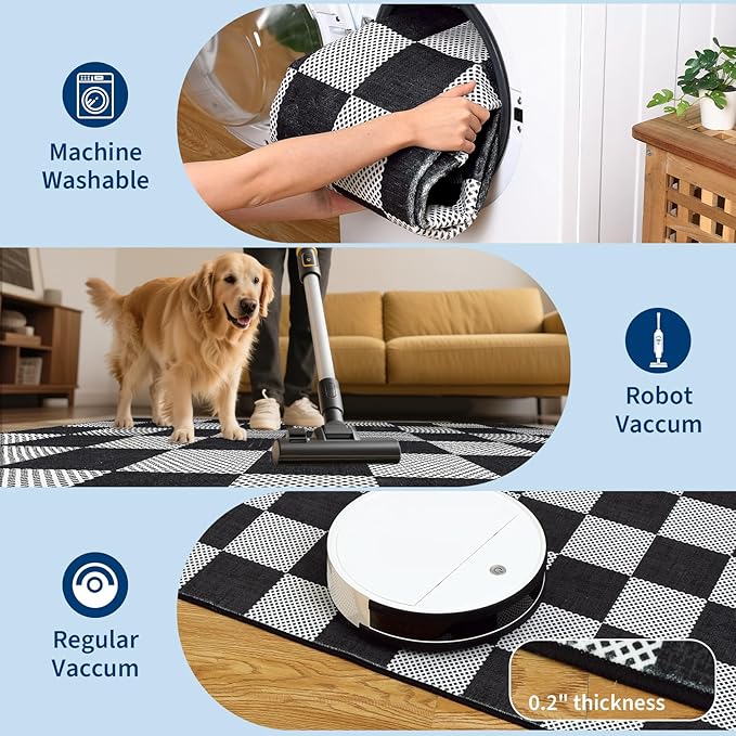 GarveeHome Checkered Black and White 2x3 Washable Rug Low-Pile Door Mat | Small Black and White Soft Stain Resistant Rug for Entryway Bedroom Bathroom Kitchen Non-Slip TPE Backing