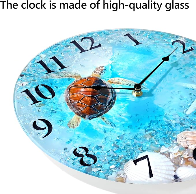 WISKALON Coastal Nautical Glass Wall Clock with Seashell Design and Turtle Beach Theme - Battery Operated Silent Wall Decor for Home, Kitchen, Living Room, Office, Bedroom, or Bathroom (12 Inch,Blue)