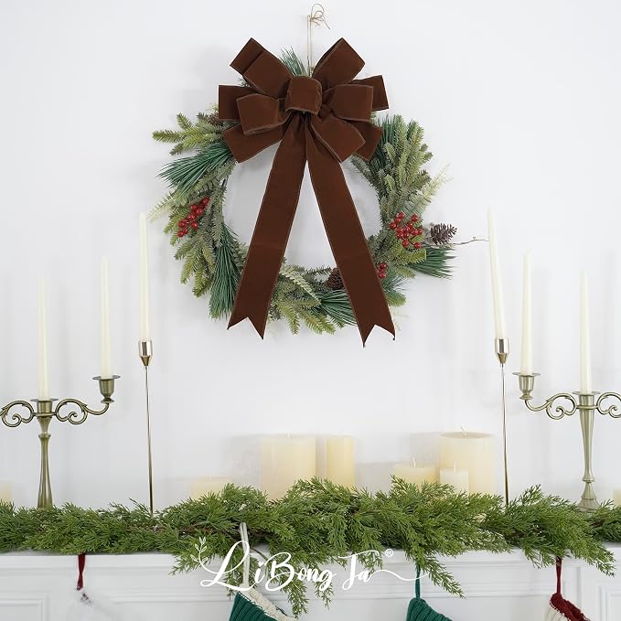 13" Brown Velvet Christmas Tree Topper Bow, Premade, 13" x 20"