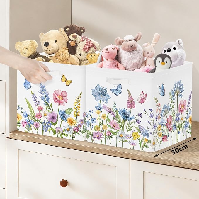 Clastyle Flowers Storage Cube Organizer Set Handle Closet Clothes Cube with Metal Frame Foldable Parents Organizer Storage Basket for Book Toy,Blue Flowers,11.8x11.8x11.8 in