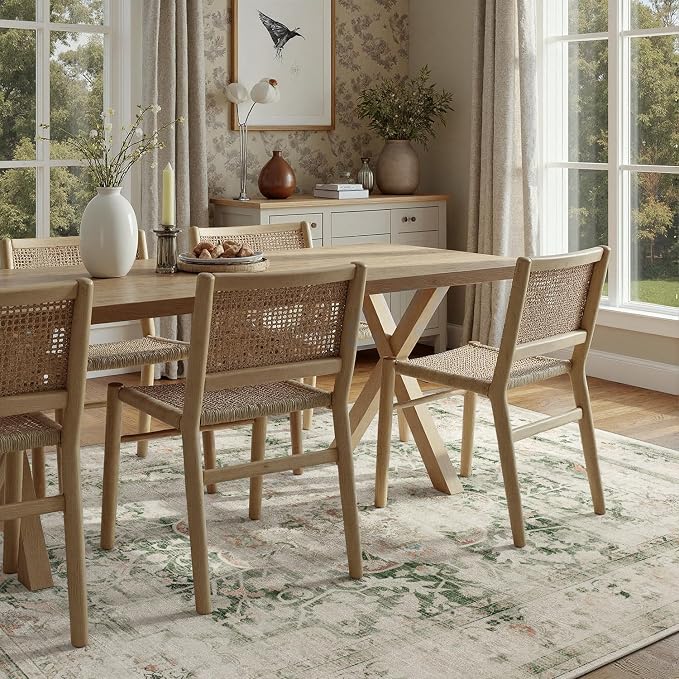 DCX Washable 8x10 Green Rug Stain Resistant Distressed Vintage Rug | Kid & Pet Friendly with Rubber Back Non Slip Soft Low Pile Large Carpet for Living Room, Bedroom, Home Office