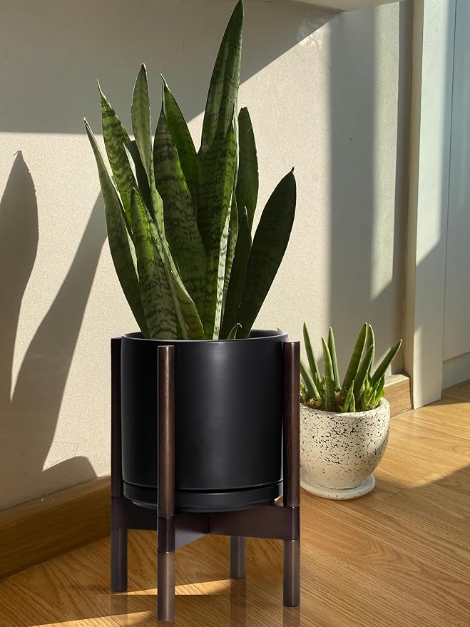 D'vine Dev Ceramic Planter with Walnut Color Stand - 10 Inch Modern Round Flower Pot with Wood Planter Holder, Black, 55-B-X-2