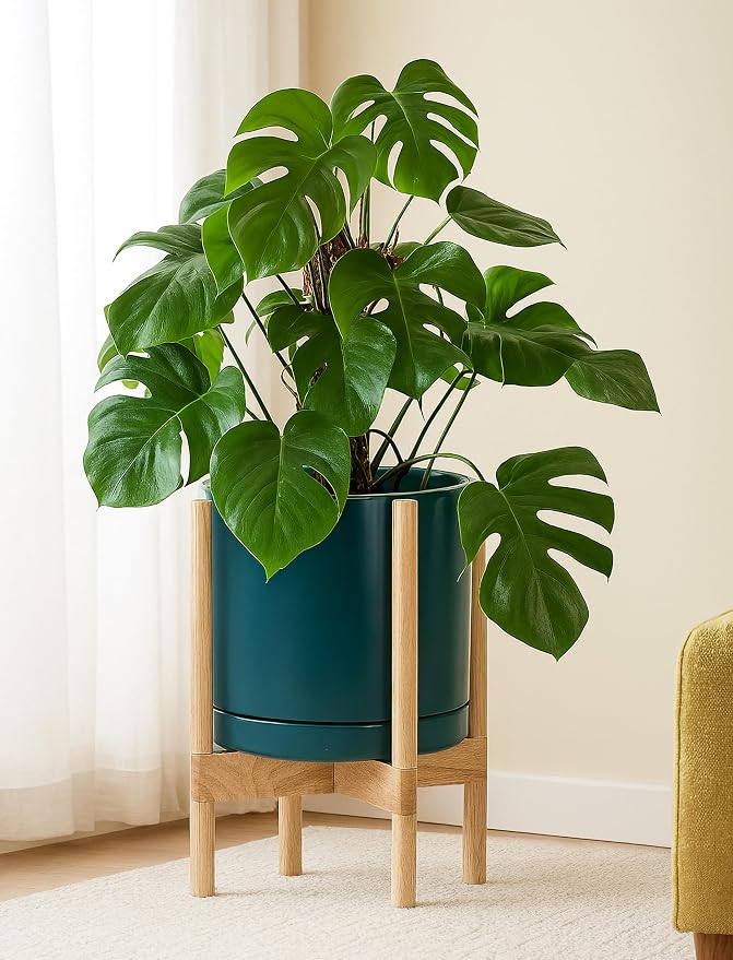 D'vine Dev Ceramic Planter with Natural Stand - 12 Inch Modern Round Flower Pot with Wood Planter Holder, Teal, 55-B-J-4