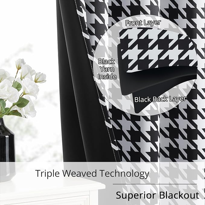 Black and White 100% Blackout Curtains for Bedroom/Living Room, Energy Saving & Privacy, Noise Control, Grommet, W52×L84, 2 Panels