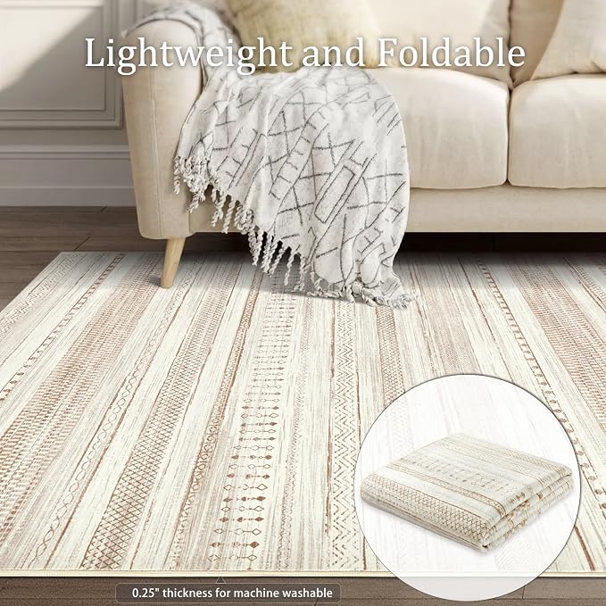 Boraya Area Rugs for Living Room: 6x9 Washable Boho Rug for Bedroom Large Neutral Bohemian Moroccan Farmhouse Geometric Dining Room Rugs Ultra Soft Floor Carpet Indoor for Home Office - Brown