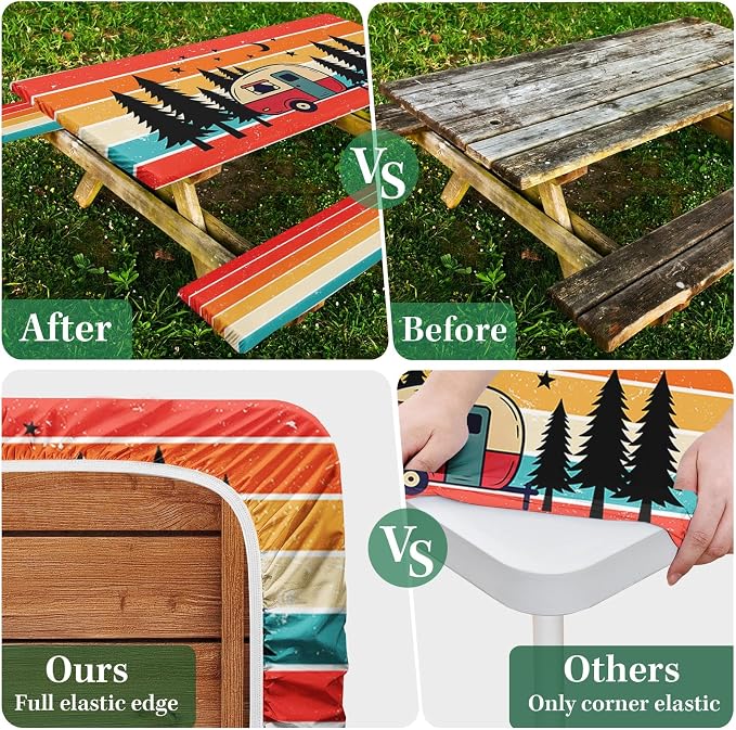 Picnic Table Cover with Bench Covers Elastic Edges, Rainbow Camper Fitted Table Cover, Outdoor Camping Essentials 72 Inch 3PCS, Waterproof Camping Fitted Tablecloth with Drawstring Bag