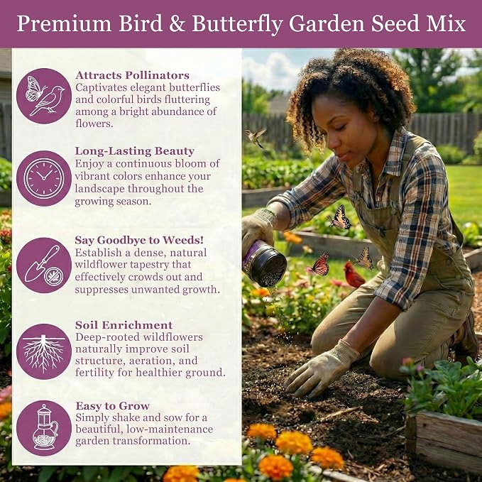 Mini Wildflower Seed Shaker - Bird & Butterfly Garden Seed Mix | 60,000+ Annual & Perennial Flower Seeds for Planting - Attracts Hummingbirds & Butterfly | No Messy Bags or Packets
