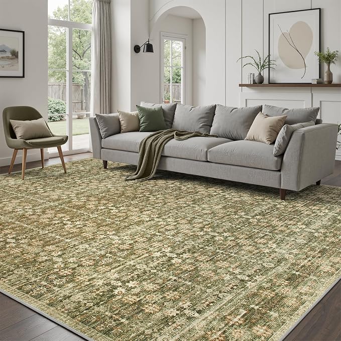 DCX 9x12 Neutral Rug, Kid & Pet Friendly with Rubber Back Non Slip, Machine Washable Stain Resistant Olive Green Floral Rug for Living Room, Bedroom, Soft Low Pile Large Nursery Carpet